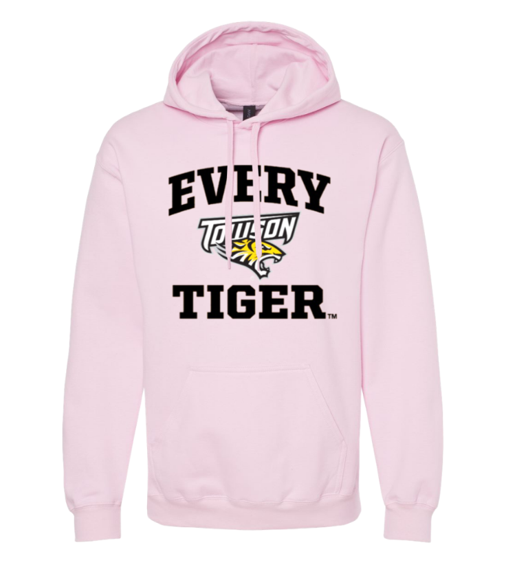Light pink hoodie with “EVERY TUN… TIGER” print and lightning logo on the chest