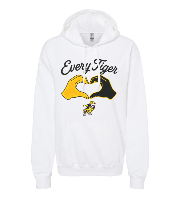 White hoodie with “Every Tiger” text and yellow and black tiger hands forming a heart graphic.