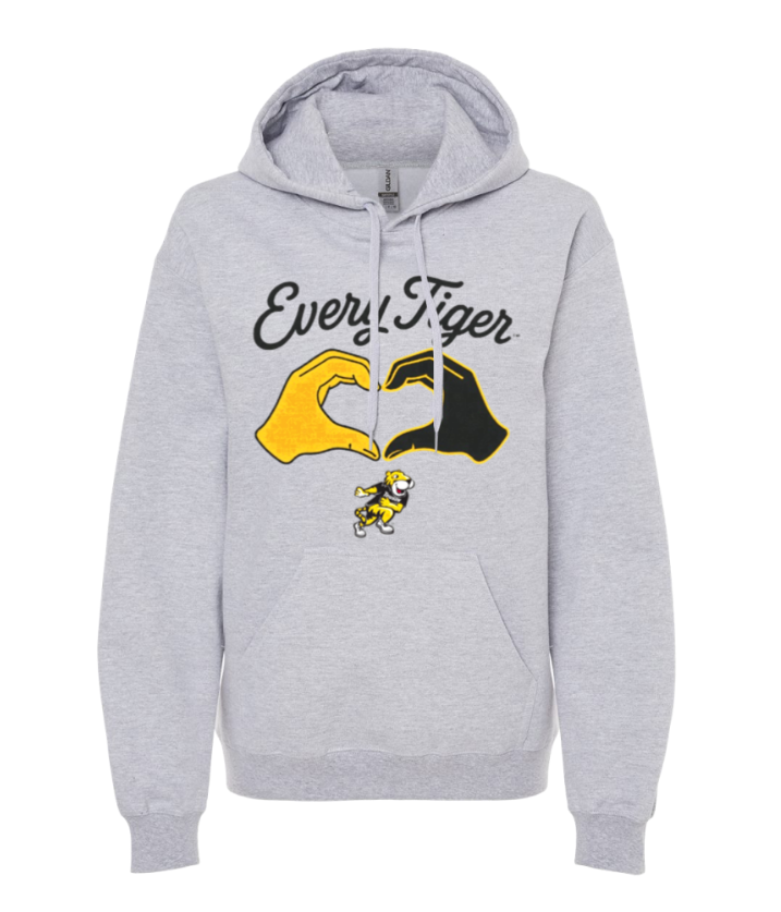 Gray hoodie with “Ever Star” text and yellow-and-black hands forming a heart