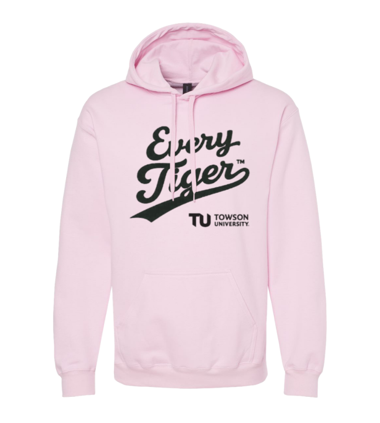 Light pink hoodie with “Every Tiger” and TU Towson University logo on the front