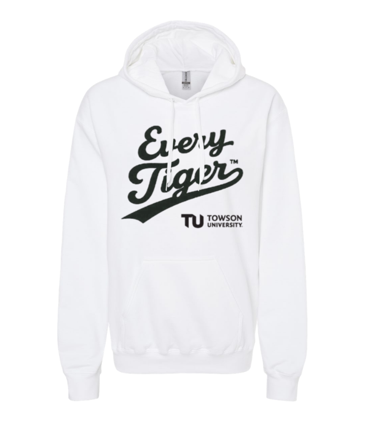 White hooded sweatshirt with “Every Tiger” and Towson University logo in black text.