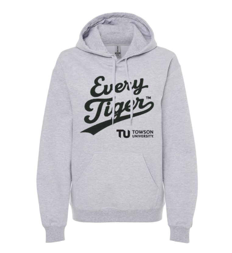 Gray hooded sweatshirt with “Every Tiger” and Towson University logo printed on the front