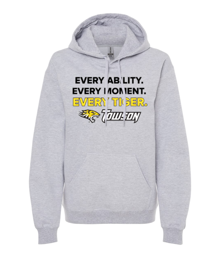 Light gray hoodie with “Every Ability. Every Moment. Every Thunder” graphic in black and yellow