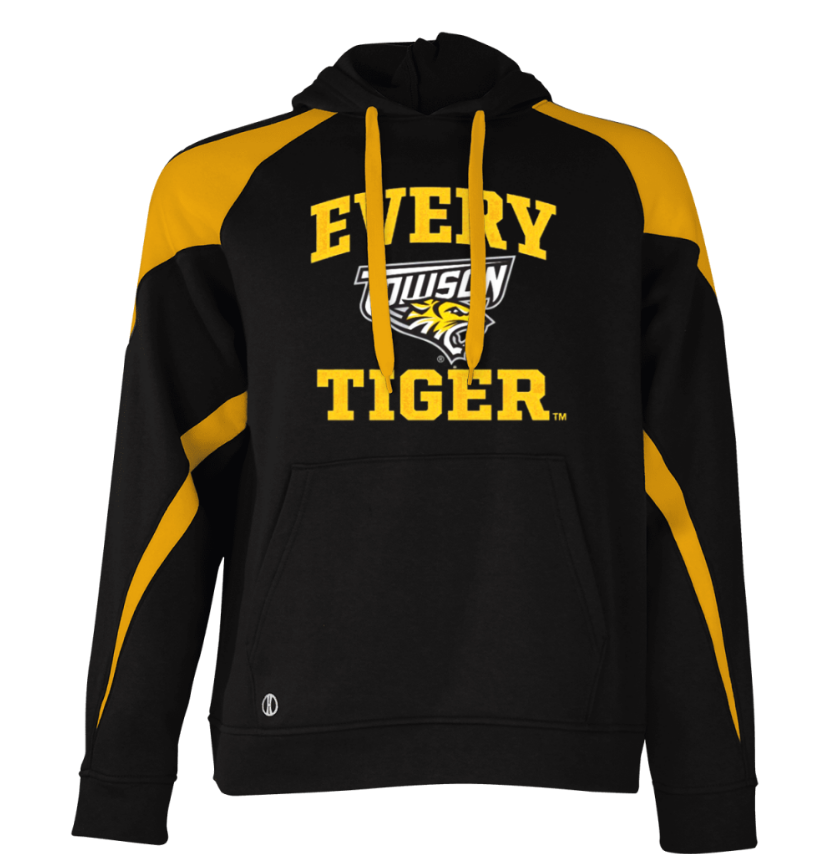 Black and yellow hoodie with “EVERY TIGER” text on the front, featuring a hood and drawstrings.