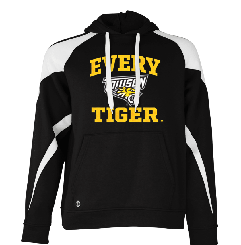 Black and white hoodie with yellow “Every Tiger” text and stylized graphic on the chest