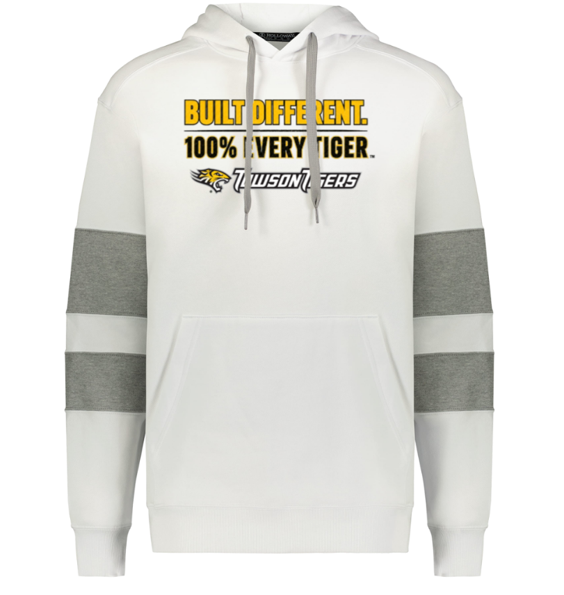 White hoodie with gray striped sleeves and “Built Different. 100% Very Tiger.” graphic on the chest