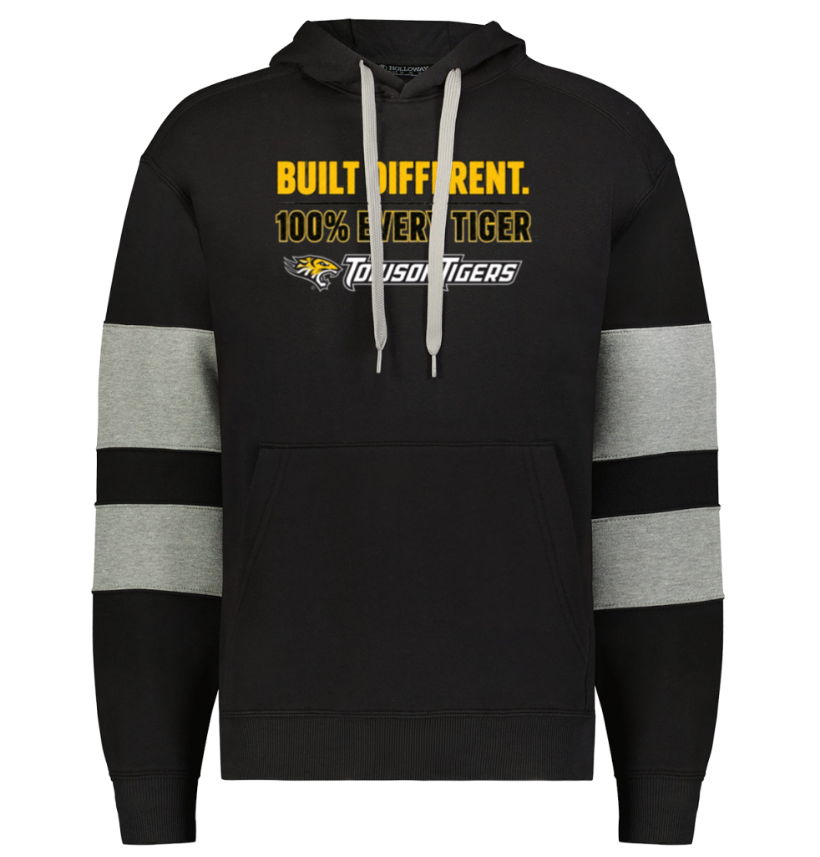Black hoodie with gray sleeve stripes and a bold tiger graphic text on the chest