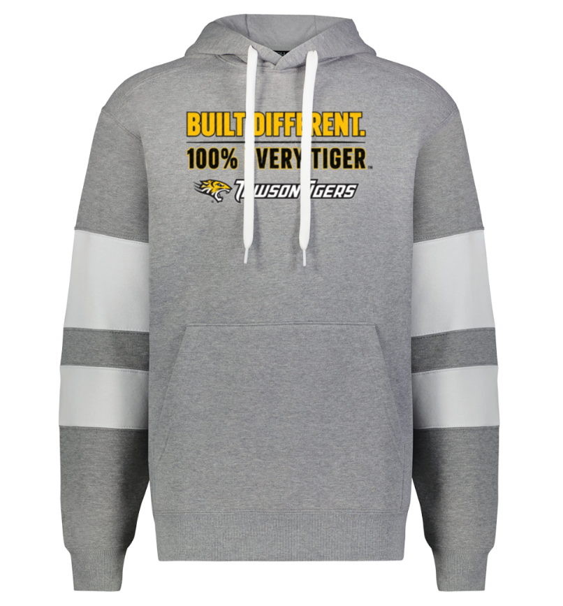 Gray hooded sweatshirt with yellow and black “Built Different. 100% Very Tiger.” graphic and striped sleeves