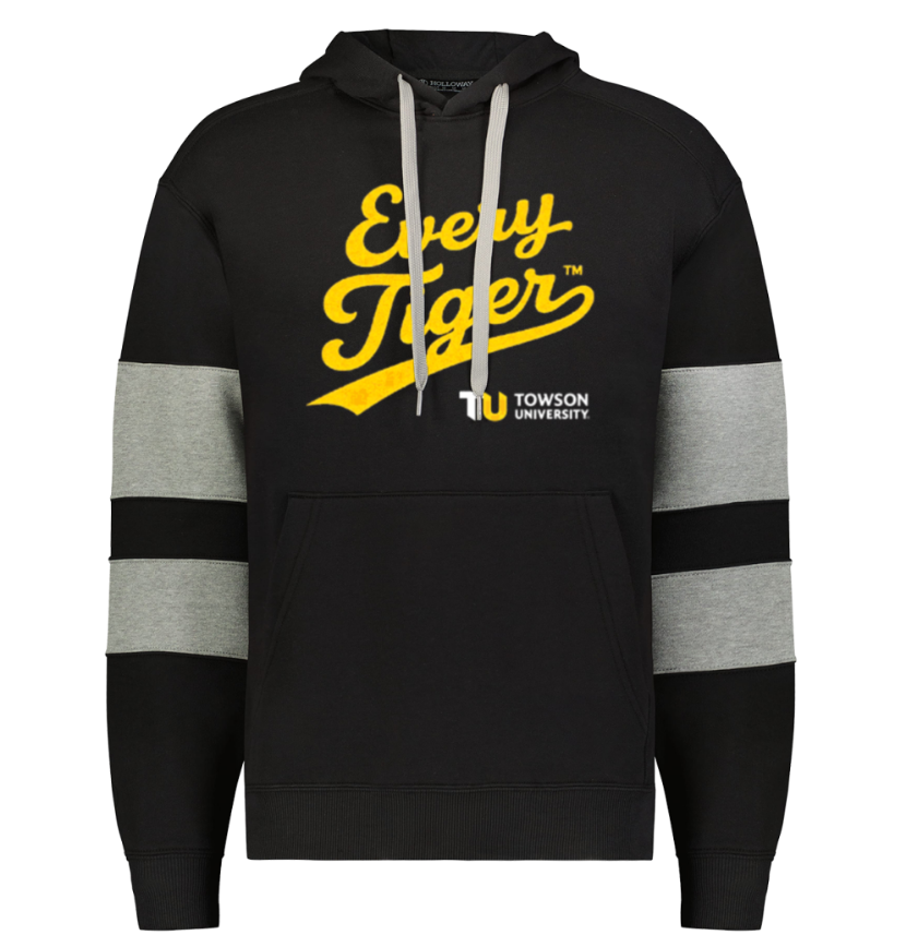 Black hoodie with gray sleeve stripes and yellow 