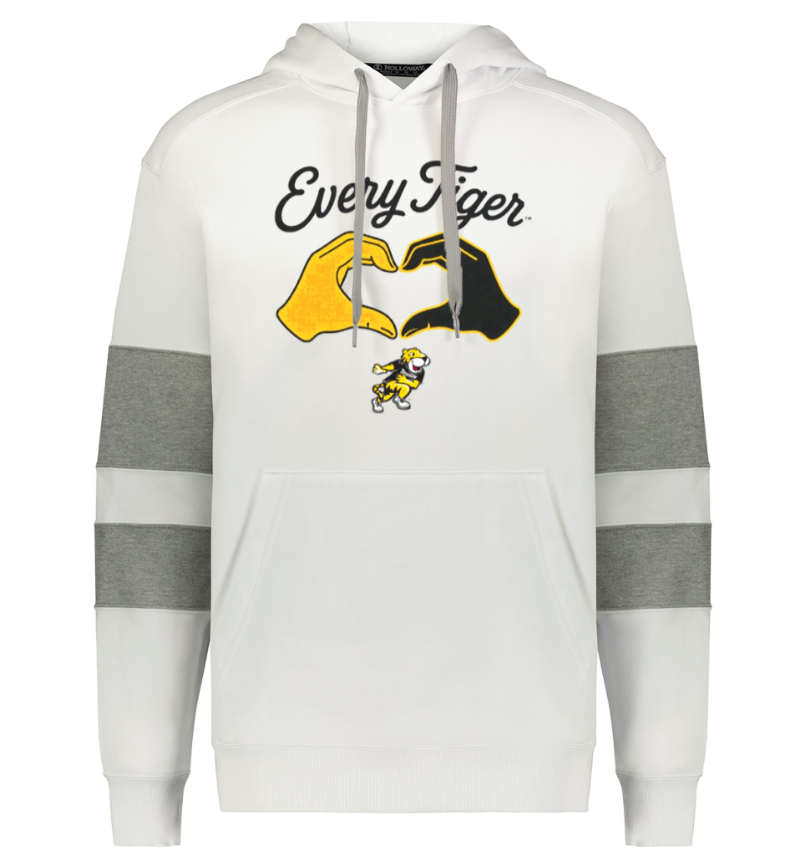 White hoodie with gray sleeve stripes and a black-and-yellow “EveryStar” graphic on the chest