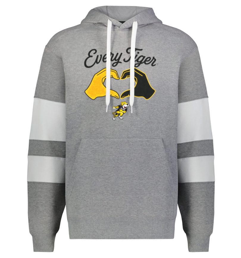 Gray hoodie with white drawstrings, striped sleeves, and a yellow-and-black graphic with “Every Step” text
