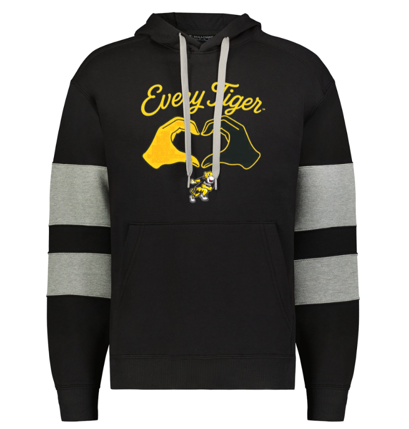 Black hoodie with gray sleeve stripes and yellow “Every Tiger” graphic on the chest