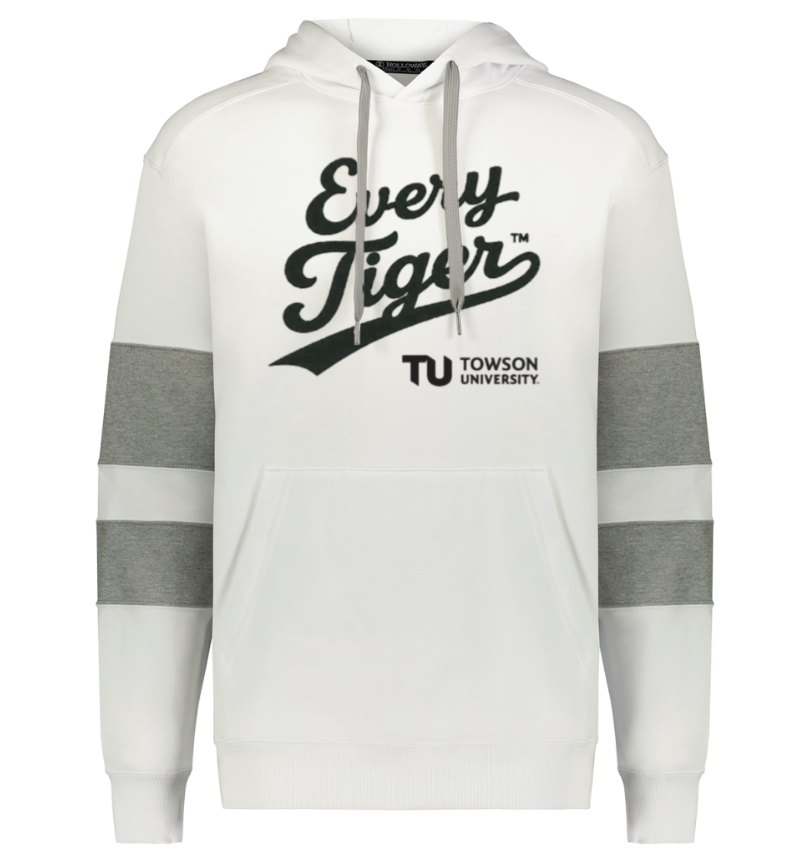 White hooded sweatshirt with gray sleeve stripes and “Every Tiger” Towson University logo