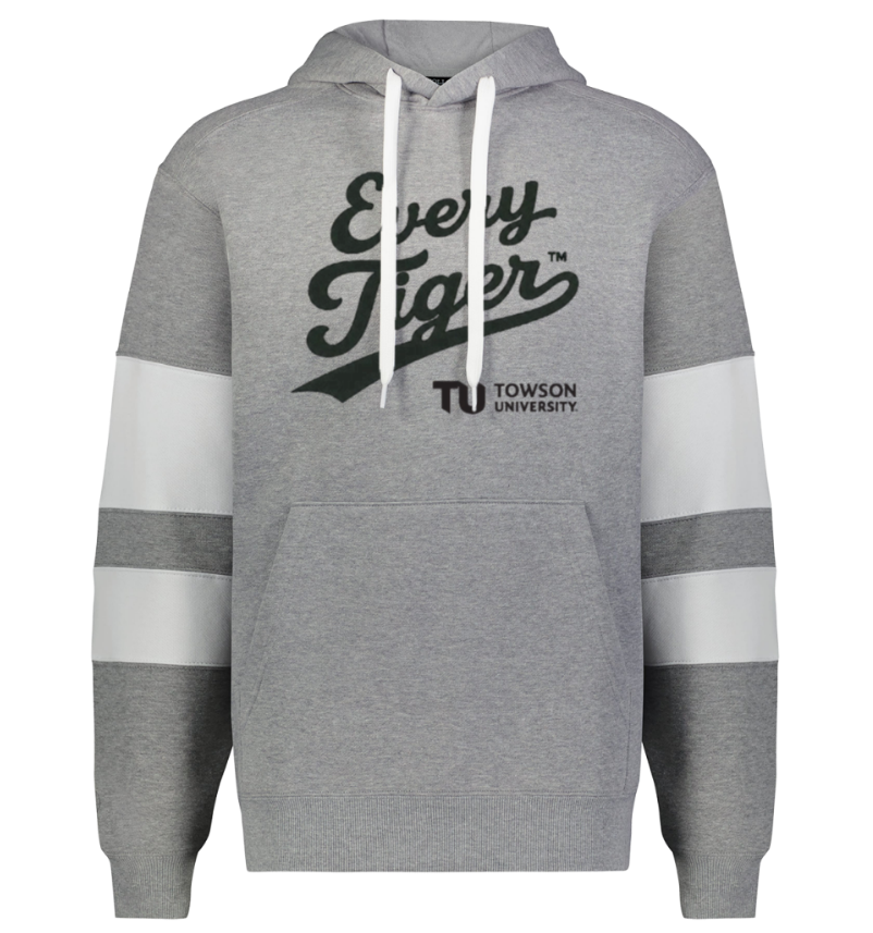 Gray hooded sweatshirt with white sleeve stripes and “Every Tiger” Towson University graphic