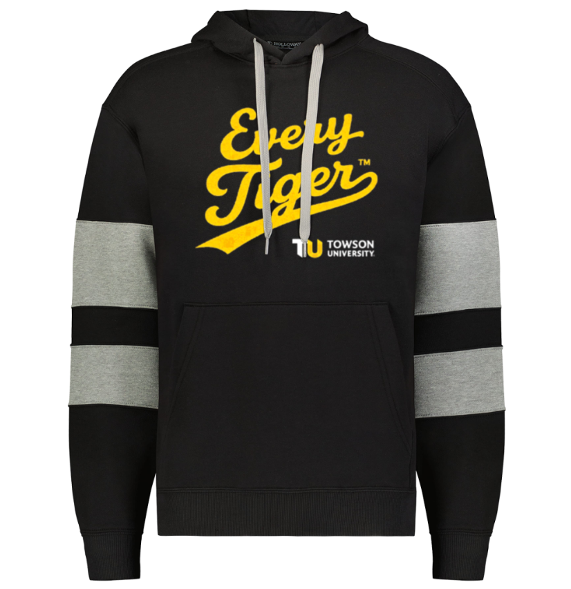 Black hoodie with gray striped sleeves and yellow “Every Tiger” Towson University logo on the chest