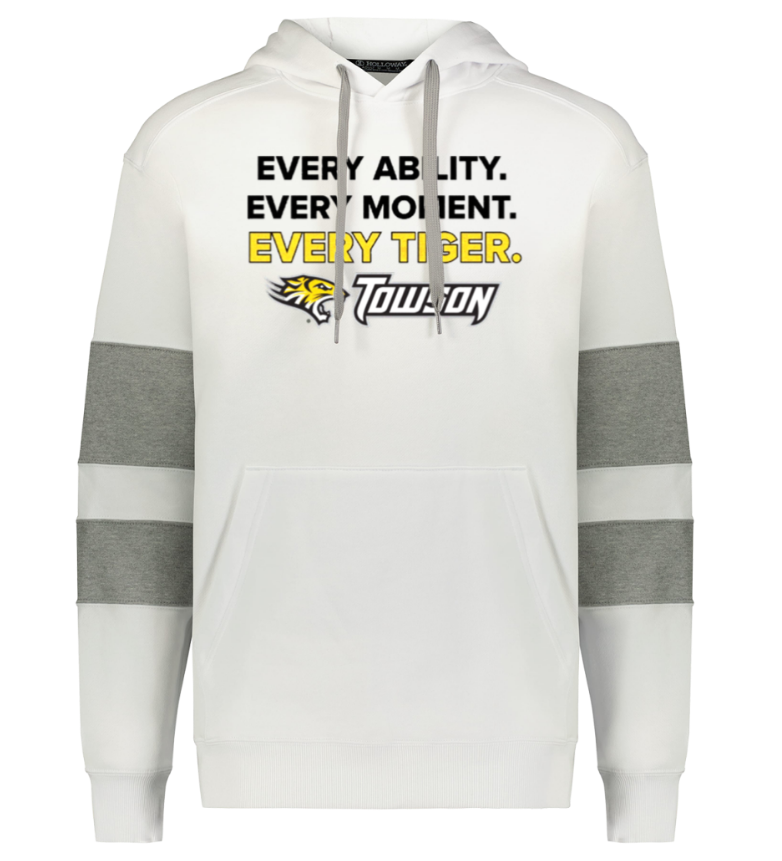 White hoodie with gray striped sleeves and bold black and yellow motivational text on the chest.