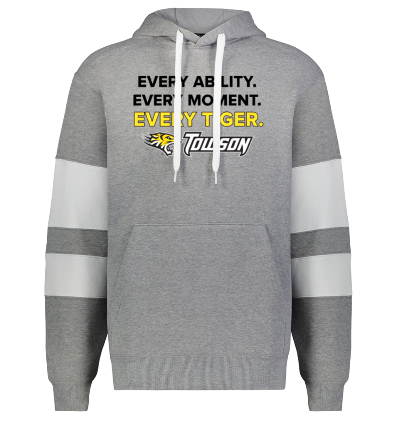 Gray hooded sweatshirt with white drawstrings, striped sleeves, and a Toucan logo on the chest