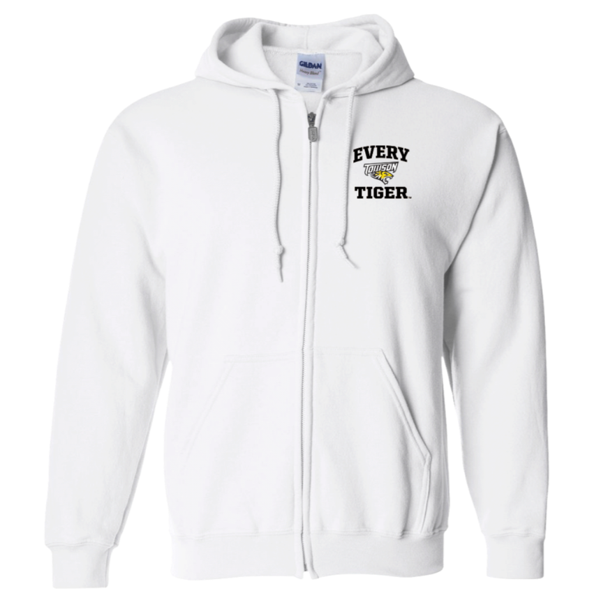 White zip-up hoodie with a small “Every Tiger” logo on the left chest.