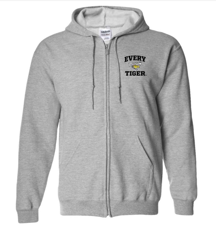 Gray zip-up hoodie with “Everyday Tiger” logo on the left chest