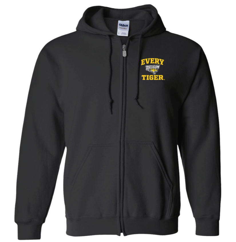 Black zip-up hoodie with hood and yellow “EVERY TIGER” text on the chest