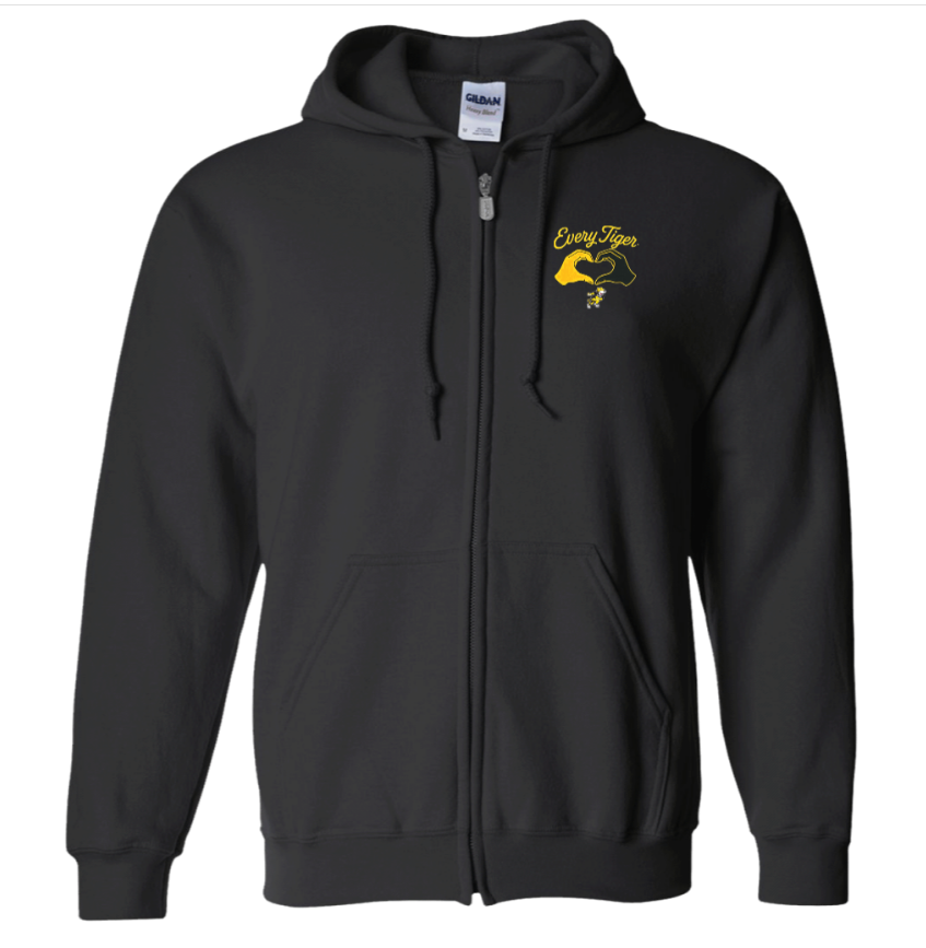 Black zip-up hoodie with hood and yellow chest logo on a white background