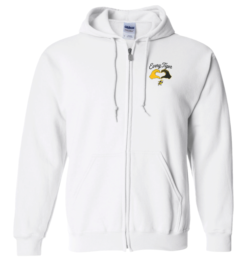 White zip-up hoodie with drawstrings and a small chest logo on the left side
