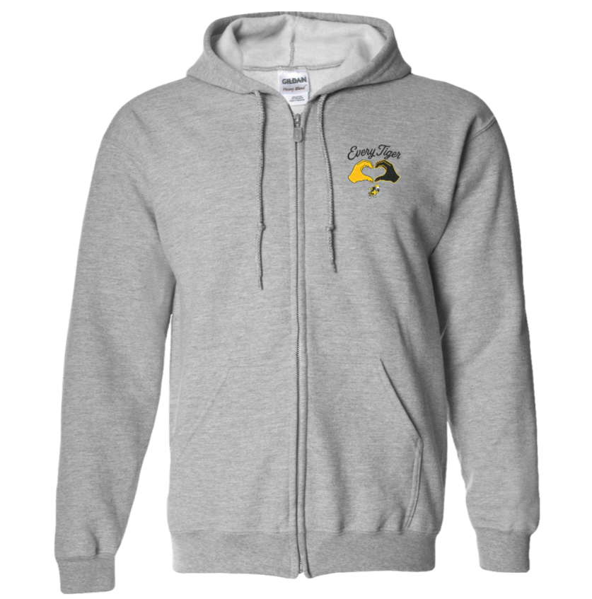 Gray zip-up hoodie with drawstrings and small yellow logo on the chest
