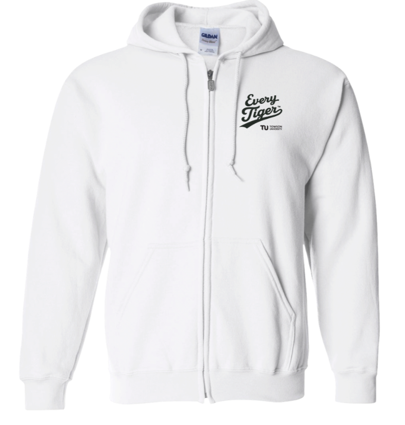 White zip-up hoodie with drawstrings and a small black logo on the left chest.