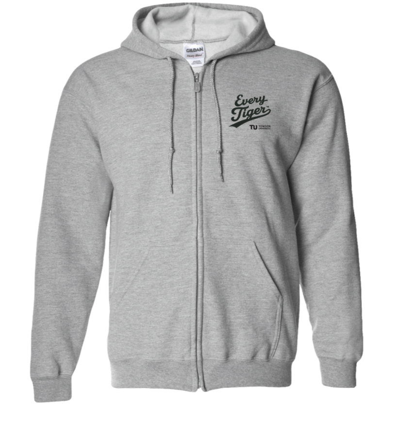 Light gray zip-up hoodie with hood and chest logo on a white background