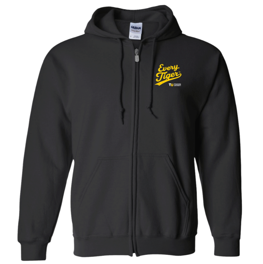 Black zip-up hoodie with yellow chest logo and drawstrings on a white background
