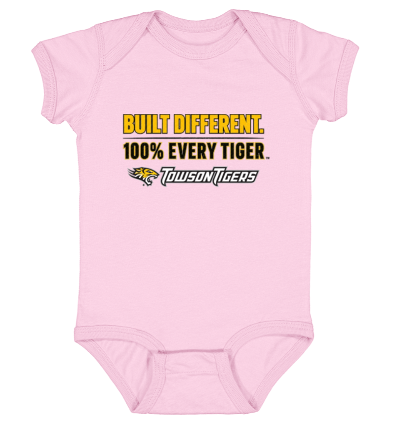 Pink baby onesie with “Built Different. 100% Every Tiger” and Texas Tigers logo on front