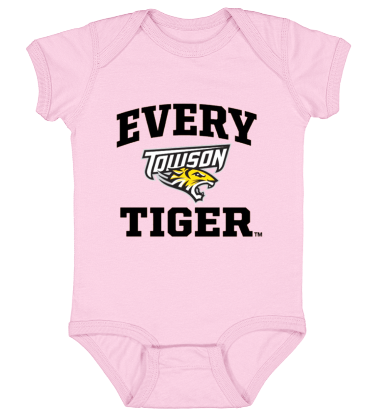 Pink baby onesie with “EVERY TOWSON TIGER” text and tiger logo