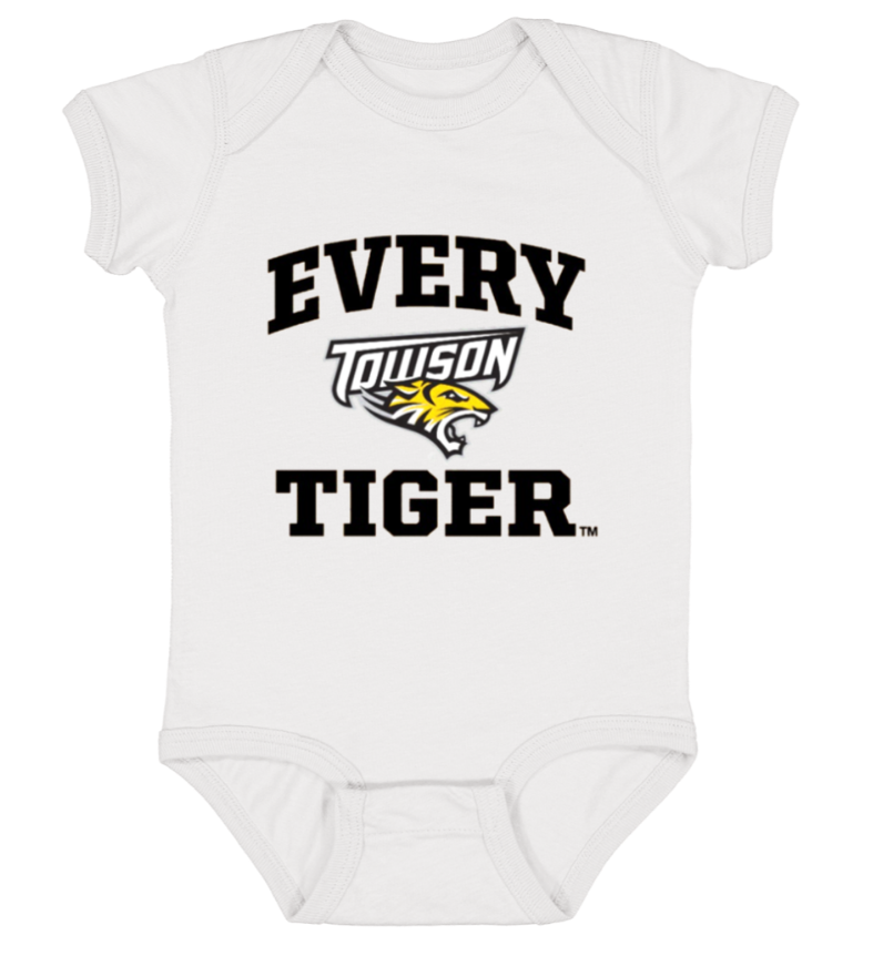 White baby onesie with “EVERY tonyson TIGER” text and tiger logo printed in black, gold, and gray.