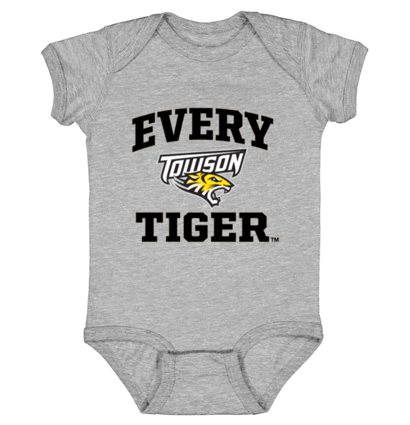 Gray baby onesie with “EVERY TOWSON TIGER” text and Towson Tigers logo.