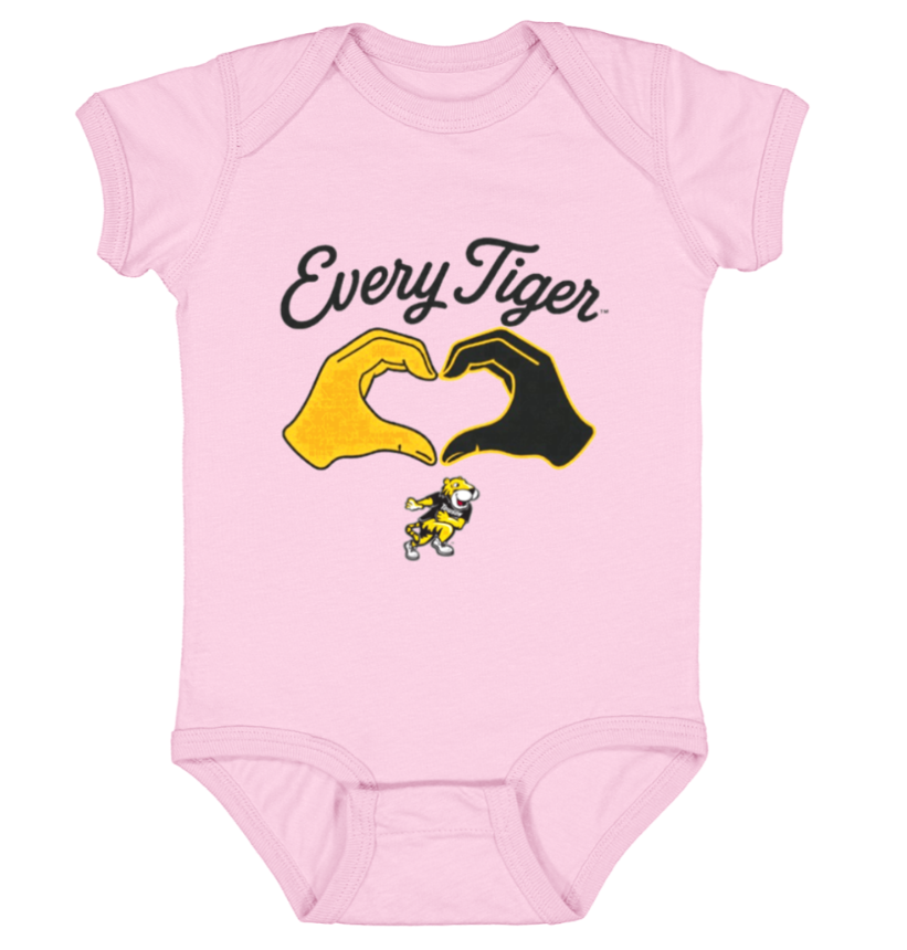 Pink baby onesie with “Every Tiger” text and yellow and black hand-heart graphic above a small tiger mascot