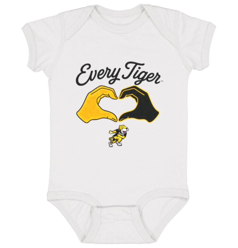 White baby onesie with “Every Tiger” text and yellow-and-black hand-heart graphic above a small tiger mascot.
