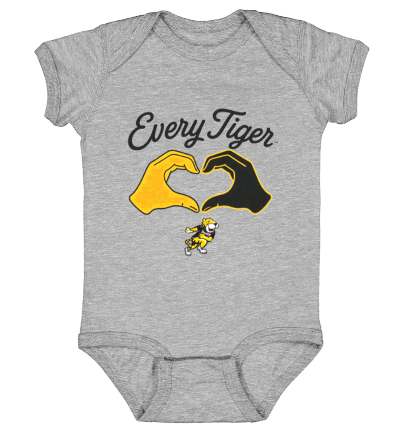 Gray baby onesie with “Every Tiger” text and a yellow and black tiger-paw heart design