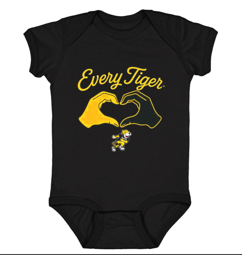 Black baby onesie with yellow “Every Tiger” text and tiger-themed graphic.