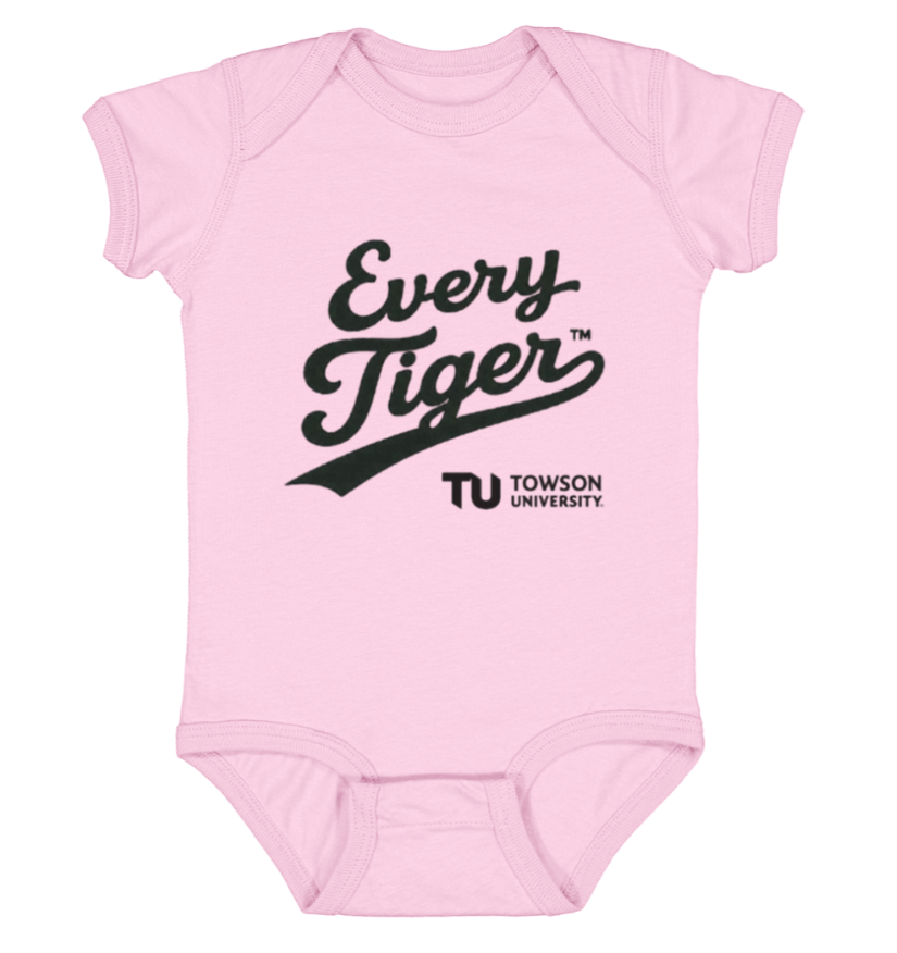 Pink baby onesie with “Every Tiger” and Towson University logo printed on the front