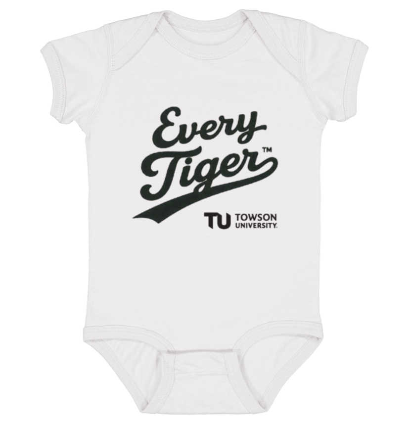 White baby onesie with “Every Tiger” and Towson University logo printed on the front