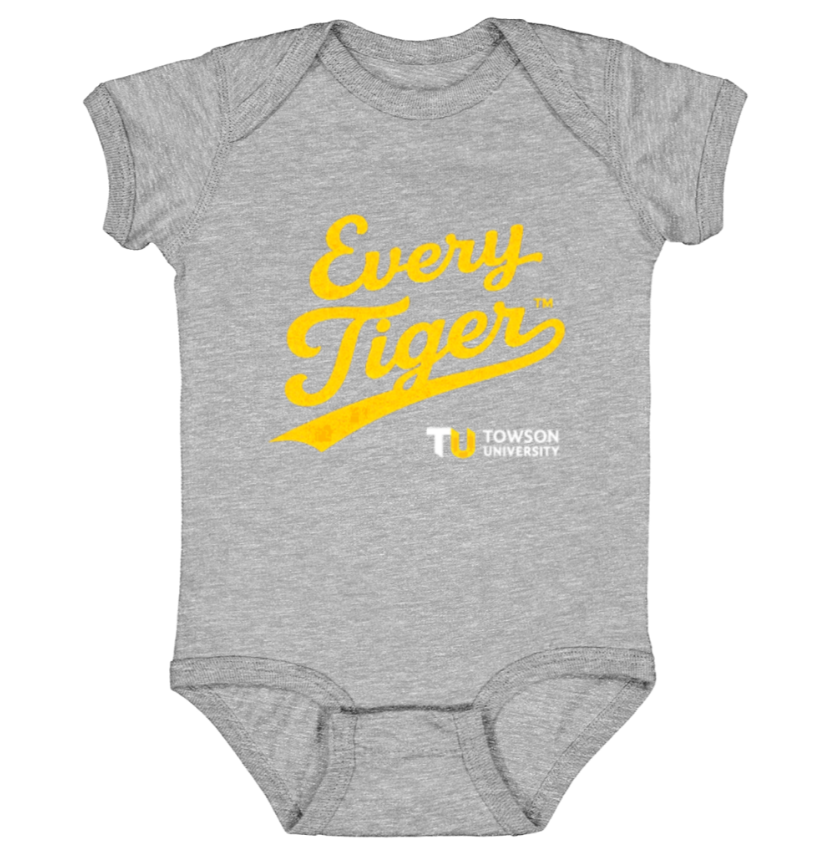 Gray baby onesie with yellow “Every Tiger” text and Towson University logo