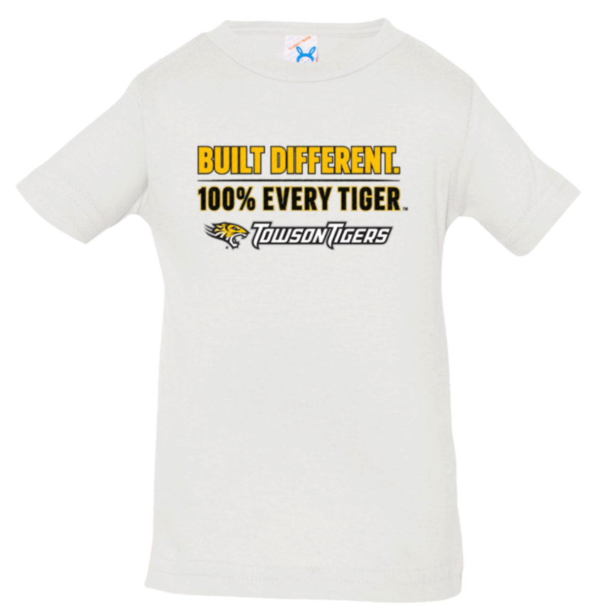 White T-shirt with yellow “Built Different. 100% Every Tiger.” text and Pushing Tigers logo.