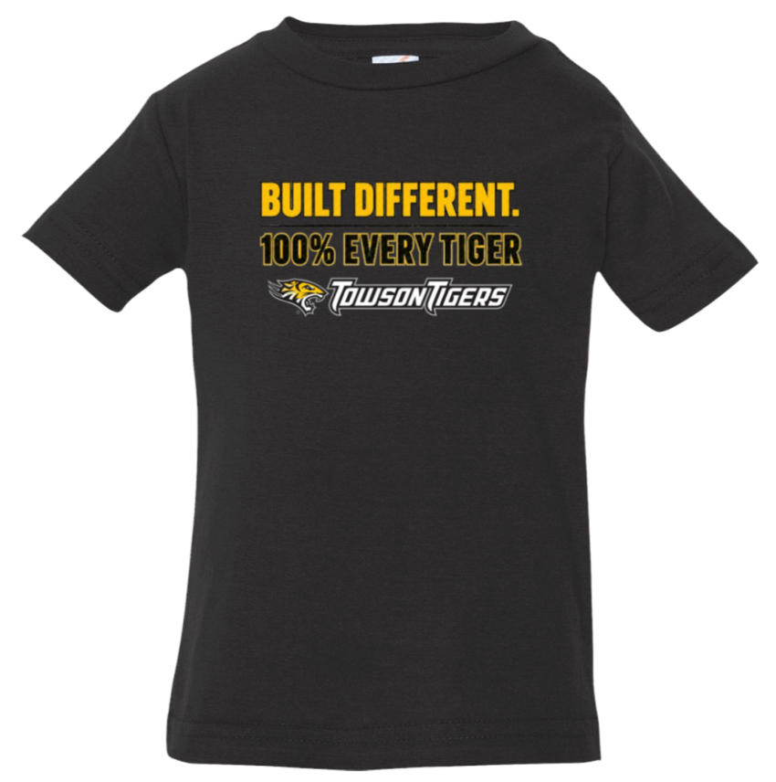 Black T-shirt with yellow text reading “Built Different. 100% Every Tiger” and Tyson Tigers logo