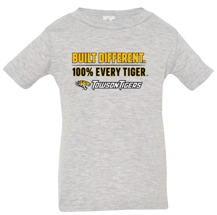 Gray T-shirt with “Built Different. 100% Every Tiger.” Towson Tigers logo in black and gold