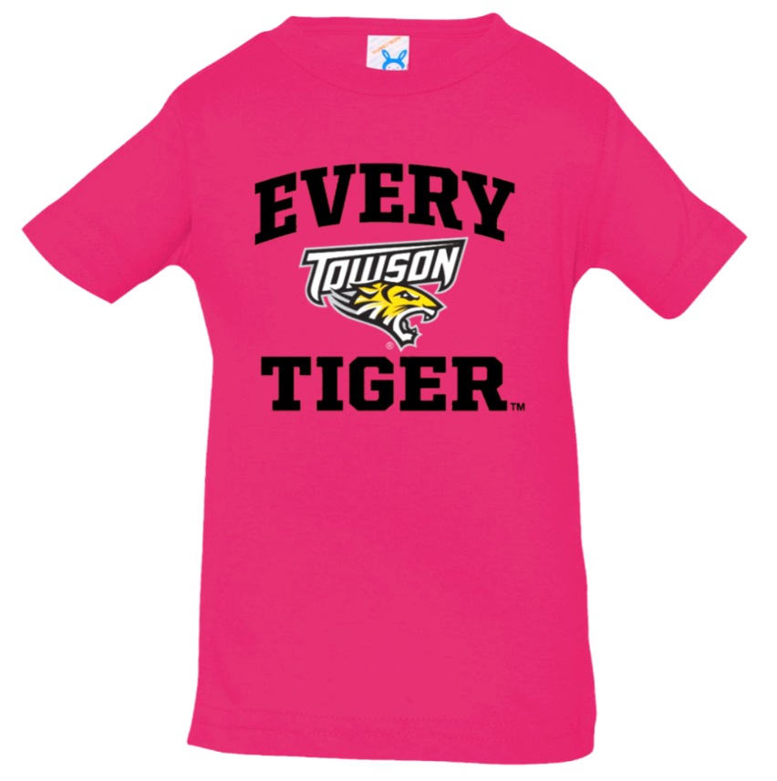 Pink Towson Tigers T-shirt with “EVERY TIGER” text and tiger logo
