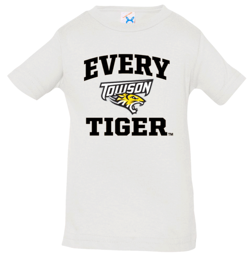 White T-shirt with bold black “EVERY TOWSON TIGER” text and tiger logo on the front