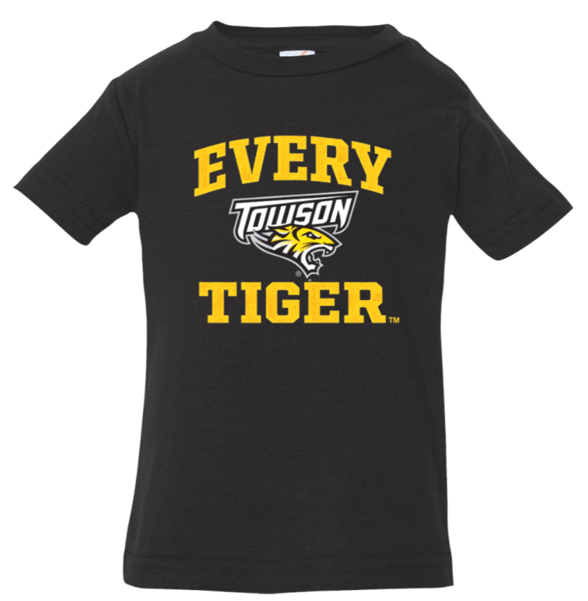 Black T-shirt with yellow “EVERY TIGER” text and a Towson Tigers logo in the center