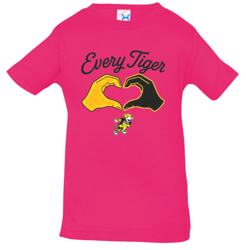 Bright pink T-shirt with “Every Tiger” text and a yellow-and-black heart graphic with a small tiger mascot