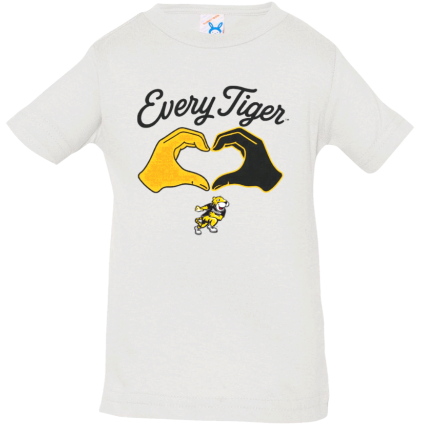 White T-shirt with “Every Tiger” text and yellow and black hands forming a heart over a small tiger mascot