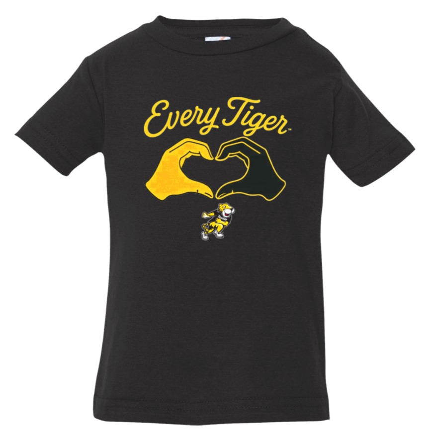 Black T-shirt with yellow “Every Tiger” text and a tiger graphic making a heart shape with hands